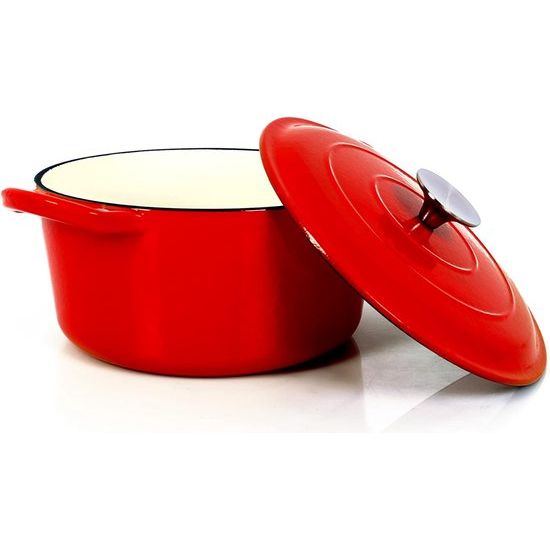 Stoofpan van gietijzer met emaille coating, gietijzeren pan, braadpan met deksel, broodbakpan, rond, geschikt voor oven, barbecue, barbecue en inductie, rood, 3,5 l