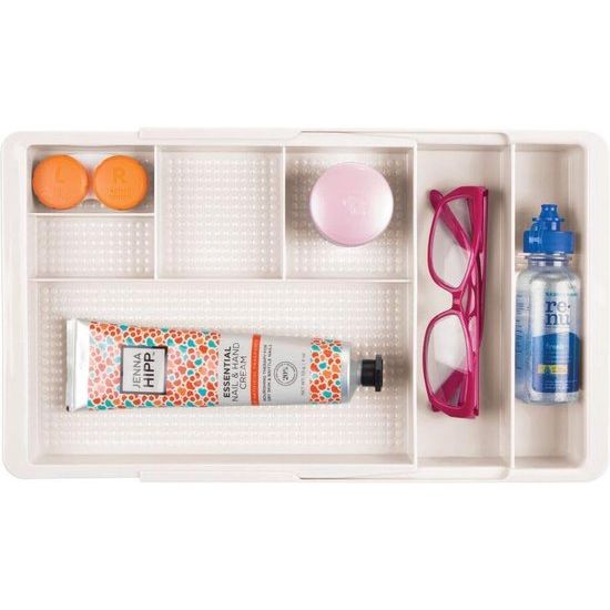 Cosmetica-organizer met vakken, uittrekbare opbergdoos voor de lade, perfect voor het opbergen van make-up, sieraden en voor kleine badkameraccessoires, crèmekleurig