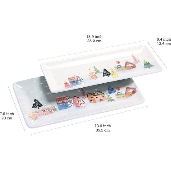 Nordic Village 30 cm rechthoekige keramische serveerschaal set van 2 voor het serveren van salade, pasta, kaas, ham, hapjes, magnetron en vaatwasmachinebestendig