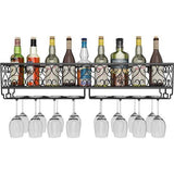 Metalen zwarte wandmontage wijn champagne glazen bekers glaswerk rekhouder, 80 x 20 cm vat voor maximaal 18 flessen wijn en 18 kopjes glazen