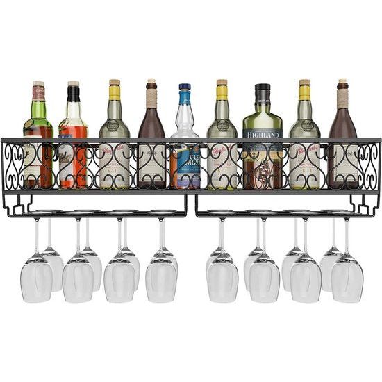 Metalen zwarte wandmontage wijn champagne glazen bekers glaswerk rekhouder, 80 x 20 cm vat voor maximaal 18 flessen wijn en 18 kopjes glazen