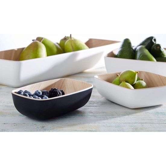 Bijna onbreekbare melamine schaal, stevige kunststof schaal, 12,5 x 12,5 x 4,5 cm, mueslikom, snackkom, stapelbaar, binnenkant houtlook, buitenkant wit, vaatwasmachinebestendig