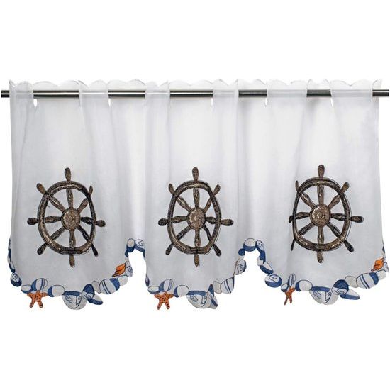 Vitrage stuurwiel voor keuken, badkamer en kinderkamer, wit gordijn met maritiem motief, 45 x 115 cm, modern en transparant bistrogordijn