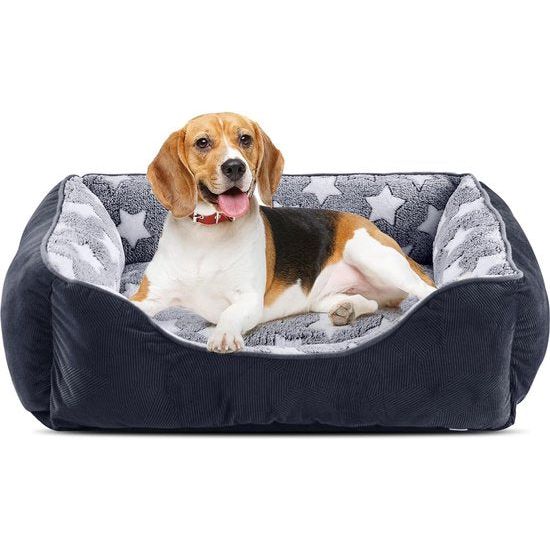 Hondenbed voor middelgrote honden, 63 x 53 cm, wollig, anti-angst, hondenbedden met hoofdruimte, comfortabel, rustgevende hondenmand, middelgrote honden, voor winter, grijs/sterren