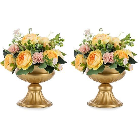 Gouden vazen voor bruiloft - 2 stuks 16,4 cm hoogte metalen urn vaas. Elegante bulk bruiloft middenstukken voor tafels. Bloemen trompet vaas voor verjaardagsfeestje en huisdecoratie.