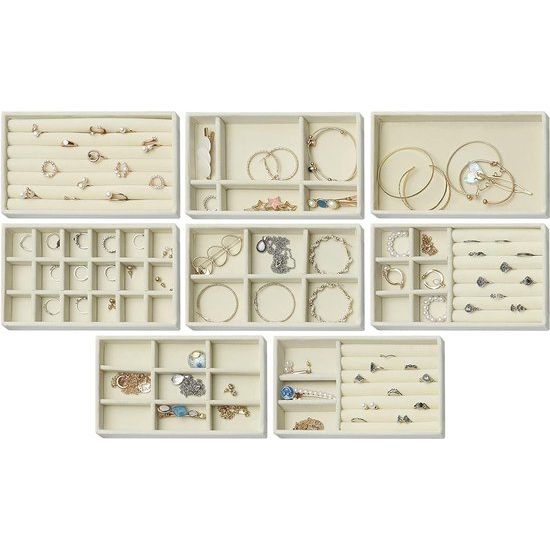 8 stuks sieradentrays, sieradenorganizer voor lade, sieradenopslag voor oorbellen, ring, armband, halskettingen, beige