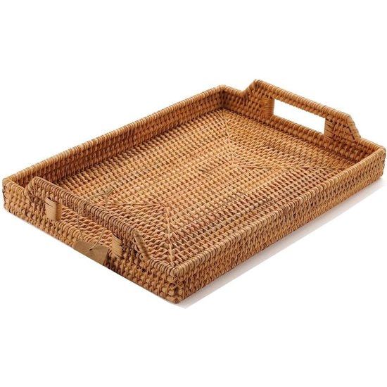 Rotan dienblad met handgrepen, rechthoekig rotan dienblad voor ontbijt, drankjes, snacks voor eetkamer/salontafel (43 cm)