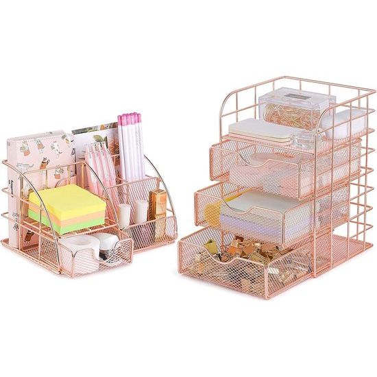 Bureau-organizer set met lades en pennenhouder van metaalgaas, tafelorganizer voor kantoor, school en thuis, 2 stuks rosé goud