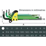 Inbussleutelset 9-delig met kogelkop, metrische lange arm inbussleutelset HX, S2 staal, corrosiebescherming, kleurcodering, L-sleutel, doe-het-zelf, fiets- en motoronderhoud