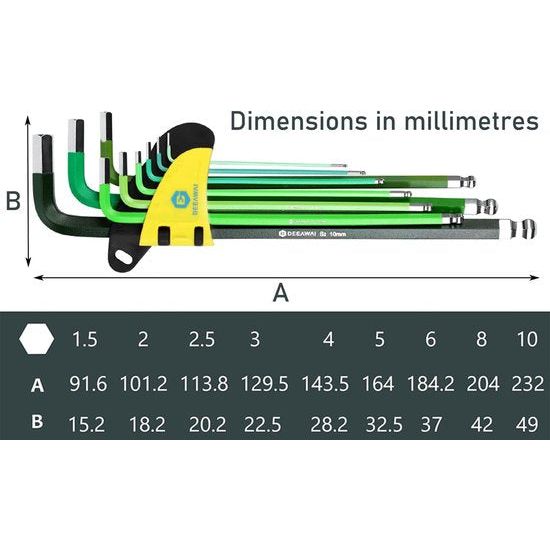 Inbussleutelset 9-delig met kogelkop, metrische lange arm inbussleutelset HX, S2 staal, corrosiebescherming, kleurcodering, L-sleutel, doe-het-zelf, fiets- en motoronderhoud