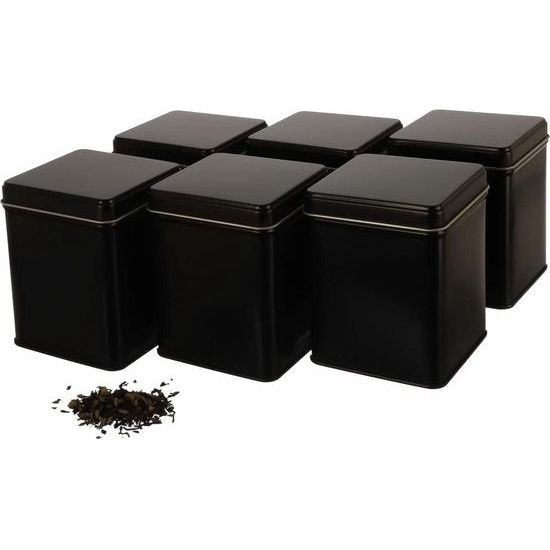 6 x klassieke vierkante theebussen / voorraaddozen, stapelbaar, aromabestendig, van metaal, 140 g per stuk, Earl Grey, inclusief 6 etiketten, 9,8 x 7,6 x 7,6 cm (H x B x D), ook ideaal als