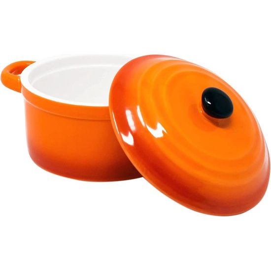 ToCi 4 x kleine ovenschalen met deksel, mini-ovenvormen van keramiek, 200 ml, ronde vormpjes 10 x 5 cm, kleine ovenschaal, kleur: oranje in set van 4