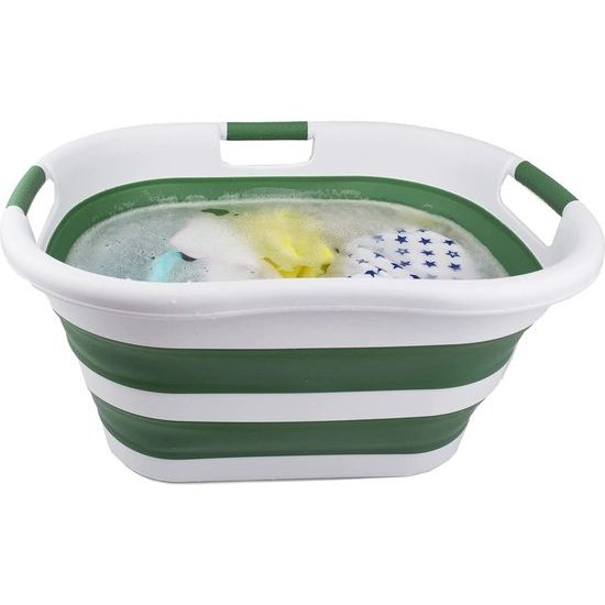 Opvouwbare wasmand van kunststof, 40 l, foldable pop-up-bewaardoos/organizer, draagbare wasbak, ruimtebespare wasmand (1, wit/donkerzeegroen)