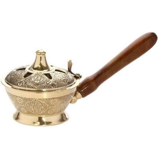 Rookpan houten handvat handwerk messing wierookvat esoterik goud decoratie