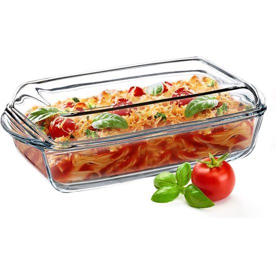 KADAX Ovenschotel van hittebestendig glas, vuurvast potje, glazen braadpan met deksel en handgrepen, servies voor het braden, oven, elektrische fornuis, voor lasagne, vlees, transparant (rechthoekig, 3,95 l)