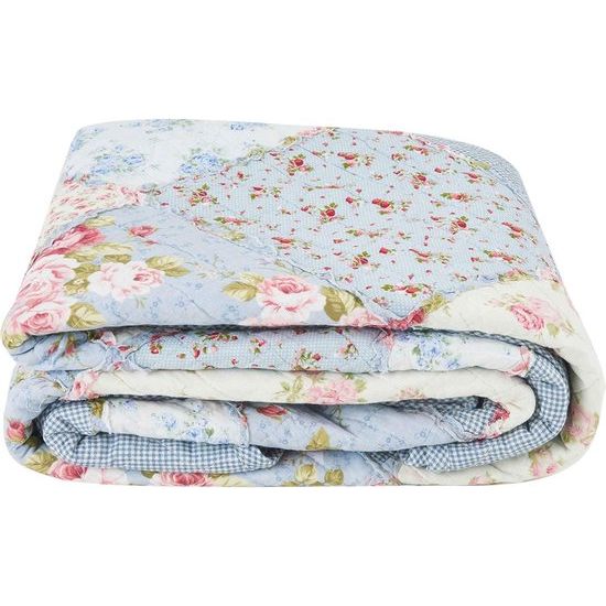 Patchworkdeken, sprei, katoen, 140 x 200 cm, doorgestikt, tweezijdige deken, blauwe bedsprei, 150 x 200 cm, voor eenpersoonsbed, kleine bankdeken in landelijke stijl met bloemenpatroon