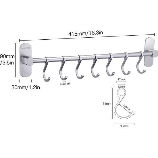 Haaklijst om op te hangen, keukenhulp, incl. 7 haken, montage zonder boren, gepatenteerde zelfklevende lijm, aluminium