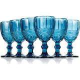 Gekleurde glazen kelk, set van 6, wijnglazen met reliëf, 10 oz verdikt wijnglas van glas, voor sapdrinken, bruiloft, wijnglas (kleur: blauw, maat: serpentijn)