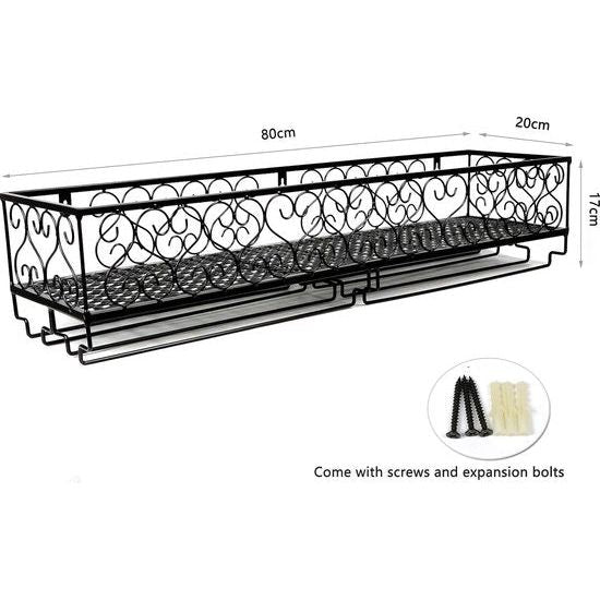 Metalen zwarte wandmontage wijn champagne glazen bekers glaswerk rekhouder, 80 x 20 cm vat voor maximaal 18 flessen wijn en 18 kopjes glazen
