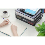Bureau-organizer, 4-laags papieren brievenbak-organizer met lade, 2 pennenhouders, mesh-bureau-organizer voor thuis, kantoorbenodigdheden, zwart