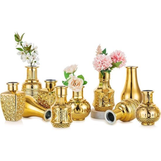 Glazen vaas, goud, 10 stuks, kleine vazen voor bruiloftstafel, middenstukken, gouden mini-vintage orchidee, bloemenvaas, decoratief voor verjaardagsfeestje, babyshower, receptie na woonkamerdecoratie
