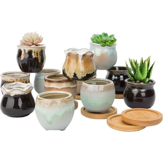 6,5 cm keramische vetplantenpot, cactusplantenbakken voor binnenplanten, kleine bloempot vloeiend glazuur met afvoergaten en bamboe onderzetters, set van 12