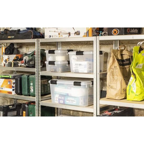 Luchtdichte kunststof doos met deksel en sluitclips, 20l, Set van 3, BPA-vrij, schuur, woonkamer, ddat-SD, helder