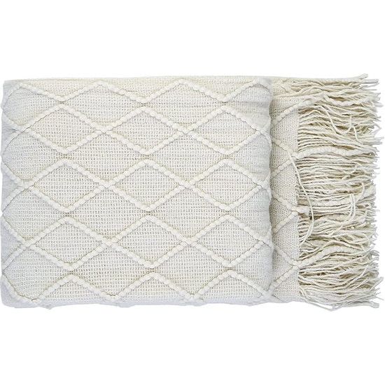 Woondeken, zacht gebreide wollen deken, kwastjes, knuffeldeken, bankdeken, slaapdeken, deken, beige, 125 x 210 cm