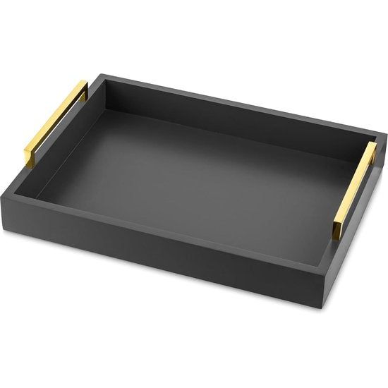 Dienblad Decoratief Dienblad Hout: Set van 3 Grijze Decoratieve Houten Dienbladen met Gouden Handgrepen Salontafel Rechthoekig Sieradendienblad Beddienblad Tafel Modern Kaarsendienblad Koffie Decoratief Dienblad