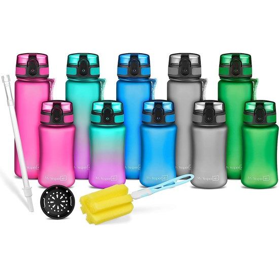 Minny drinkfles voor kinderen, lekvrij, met rietje of zeef, 350 ml, 500 ml, lichtgewicht Tritan drinkfles, BPA-vrij, voor kleuterschool, school (paars, groen, 350 ml)