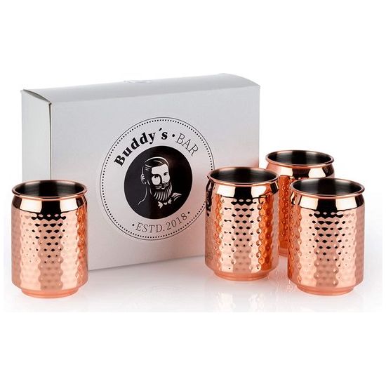 4 Cocktail Can bekers, Ø 7,5 cm, H: 10,5 cm, 350 ml, hoogwaardige roestvrijstalen mok, cool blikje voor feestdranken, geschikt voor levensmiddelen, incl. geschenkdoos, set van 4, koper gehamerd