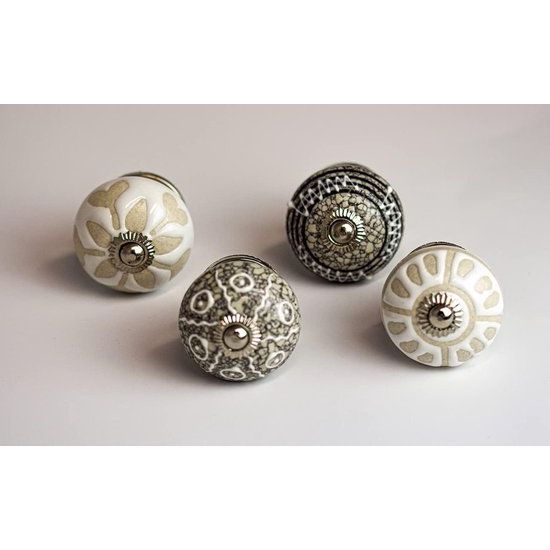 4-pack meubelknoppen van keramiek, wit en grijs diameter: 40 mm kastknop, ladeknop incl. schroeven shabby chic vintage