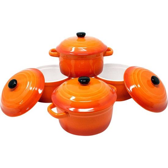 ToCi 4 x kleine ovenschalen met deksel, mini-ovenvormen van keramiek, 200 ml, ronde vormpjes 10 x 5 cm, kleine ovenschaal, kleur: oranje in set van 4