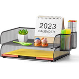 Bureau-organizer, opbergvakken, stapelbaar, brievenbak, papieren houder voor plank, bureau met 2 pennenhouders (2 stuks, zwart)