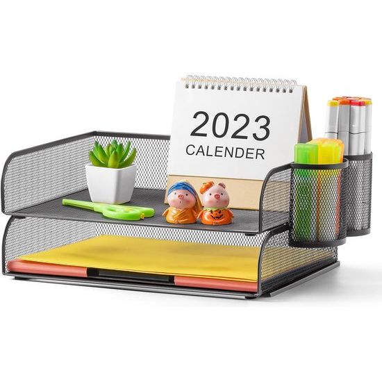 Bureau-organizer, opbergvakken, stapelbaar, brievenbak, papieren houder voor plank, bureau met 2 pennenhouders (2 stuks, zwart)