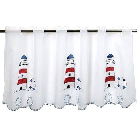 Netgordijn Vuurtoren voor keuken, badkamer en kinderkamer, wit gordijn met maritiem motief, 45 x 115 cm, modern en transparant bistrogordijn