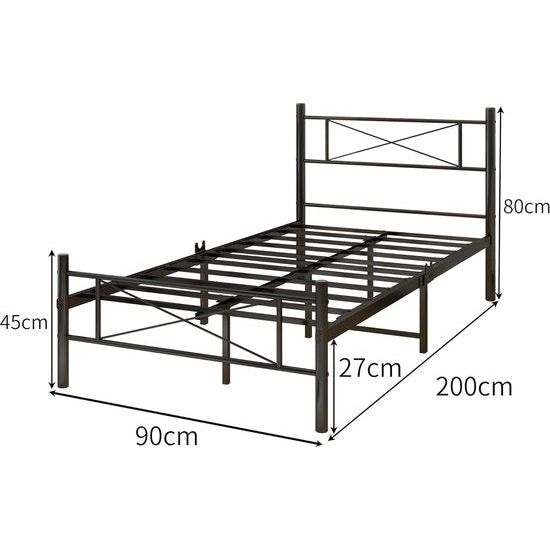 Metalen bed met lattenbodem, bedframe met hoofdeinde, eenpersoonsbed, gastenbed, eenpersoonsbedframe, 90 x 200 cm, zwart