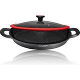 Paella Pan Bowl with Glass Lid Made of Non-Adhesive Stone Robust PFOA-Free Quality - Removable Handles (32 cm)