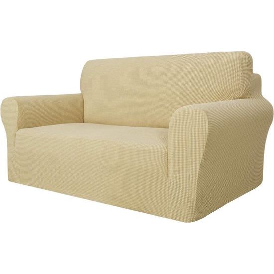 Super stretch bankovertrek voor 2-zitsbank, 1-delige universele liefdesstoelhoezen, jacquard, spandex, bankbeschermer, honden, huisdiervriendelijke Loveseat hoes (2-zits, beige)