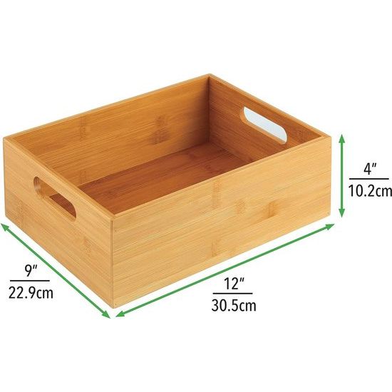 Opbergdoos voor de keuken, brede houten box met geïntegreerde handgrepen, open plank van bamboe voor het opbergen van keukengerei, set van 2, natuurlijke kleuren