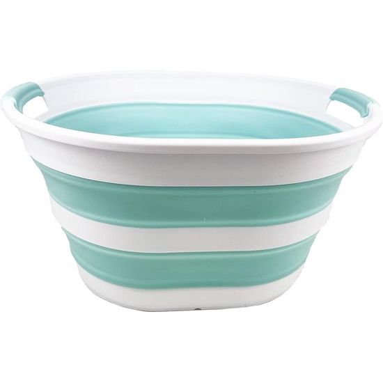 Wasmand van kunststof, inklapbaar, 23 l, ovale kuip/mand, opvouwbare opbergcontainer/organizer, draagbare wasmand, ruimtebesparende wasmand (1, wit/zeegroen)