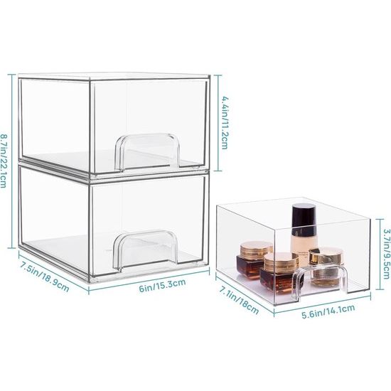Set van 2 stapelbare cosmetische organisatoren, opberglades, badkamerorganizer van acryl, transparante doos voor opslag van nagellak, wastafel, keukenkasten, voorraadkast
