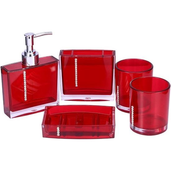 Yosoo 5-delige eersteklas badkamerset van hoogwaardig acryl met diamanten bad accessoires set lotion flessen, tandenborstelhouder, tand beker, zeepbakje (rood)