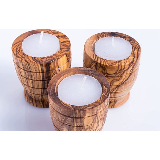 Olijfhouten theelichthouders | set van 3 | kandelaars voor woonkamer, badkamer, tafel | woondecoratie | romantische decoratie | kerstdecoratie | ronde vorm