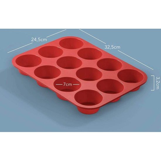 Muffinplaat van siliconen voor 12 muffins, BPA-vrij, anti-aanbaklaag, muffinvorm, cupcake, bakplaat, muffinvorm, brownies, bakvorm, muffinbakplaat, rood