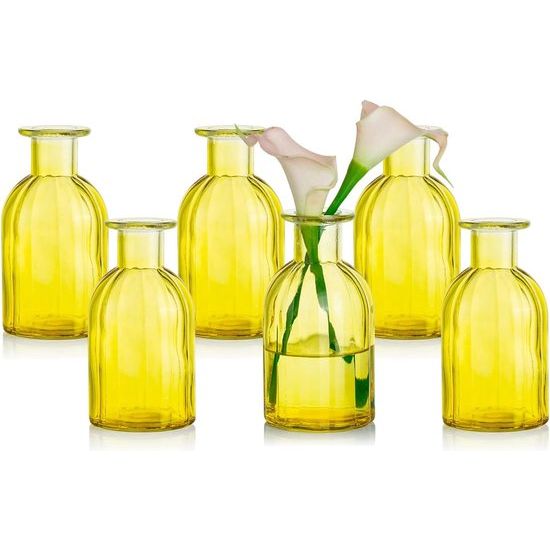 Kleine set van glazen vazen, 6 stuks mini bloemenvazen, geel, vintage vaas, glas, rond, glazen vazen, flessenvaas, kleurrijk, kleine geribbelde tafelvaas, vazenset, glazen fles, decoratie voor bruiloft, tafeldecoratie.