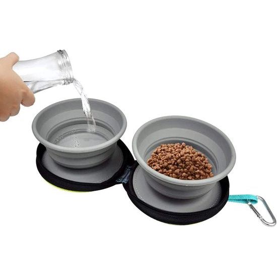 Opvouwbare huisdierschaal van siliconen voor voer en water, dubbele katten/hondenbak voor onderweg, draagbare voerbak