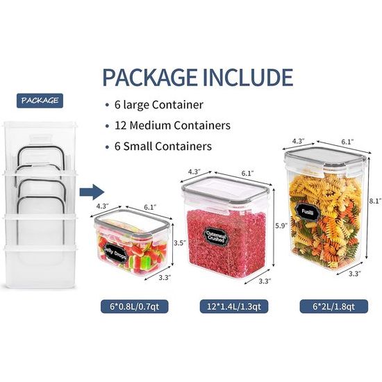 Set van 24 voorraadpotten, BPA-vrij, plastic opbergdoos met deksel, luchtdicht, graanopslagcontainer en voedselopslagcontainers, keukenopslag en organisatie