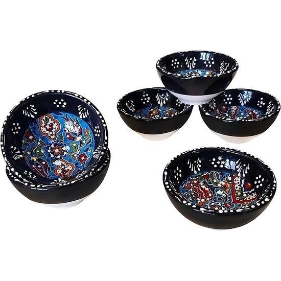 Kleine keramische schalen set van 6 - serveerschalen set voor tapas, dip, dessert, snackschaal - kleurrijke en individueel gedessineerde handgemaakte schalen - 8 x 4 cm. (Iznik Set zwart)