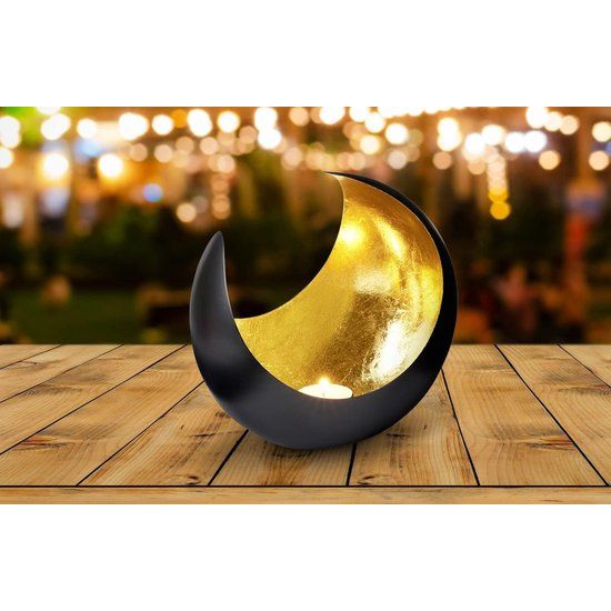 Marokkaanse metalen windlamp in de vorm van de maan, 20 cm; oosterse vintage theelichthouder, zwart van buiten en zilver- of goudkleurig van binnen; decoratief